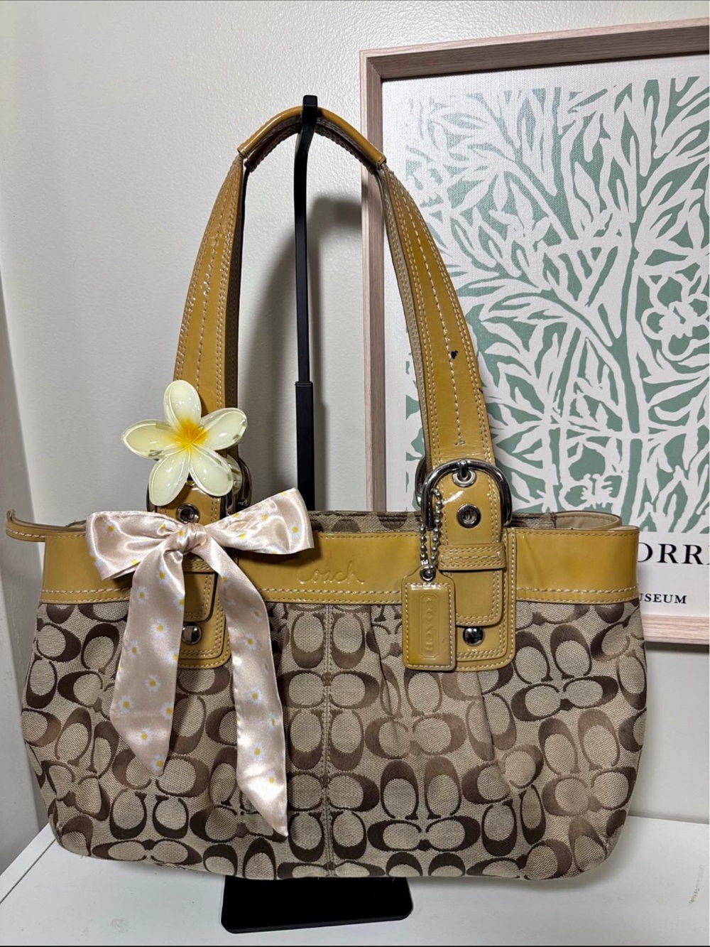 Coach Brown Signature Canvas Shoulder Bag with Yellow Trim